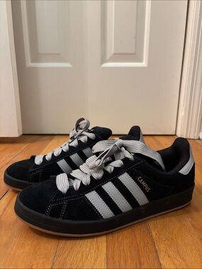 adidas Black Suede Campus Sneakers with Gray Stripes
